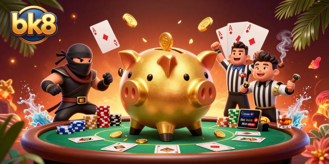 Experience thrilling gameplay at bk8 with a golden piggy bank sumo wrestler surrounded by poker elements.