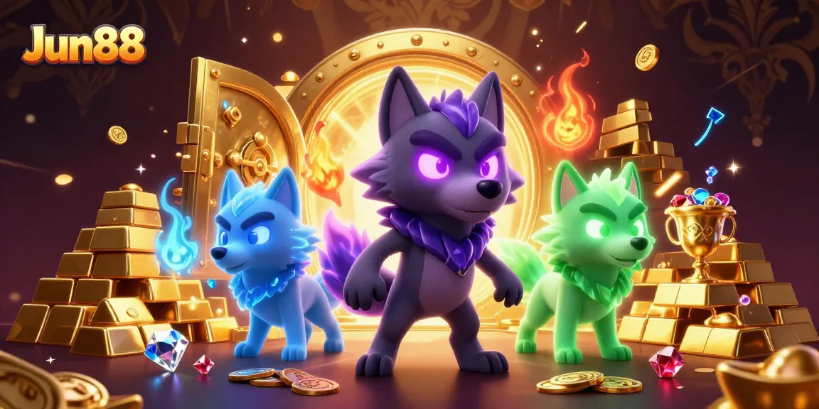 Engage in the thrilling world of Jun88 with a dazzling 3D casino adventure showcasing a glowing wolf leader amid treasure.