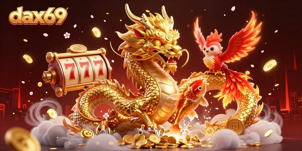 Gambarlah sensasi permainan dax69 dengan naga emas dan simbol slot yang mengelilinginya.