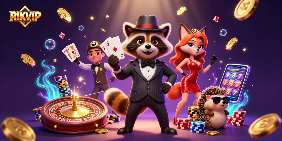 Experience RIKVIP with dynamic casino elements and a charming raccoon, fox, and hedgehog in vibrant colors.