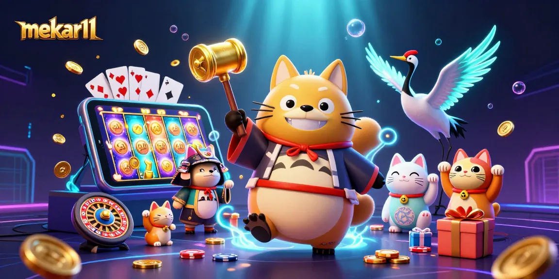 Spin to win at mekar11 with a cheerful tanuki, samurai crane, and waving lucky cats amidst casino themes.
