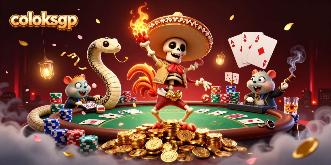 Experience thrilling wins with coloksgp as a mariachi rooster dances among poker chips and coins.