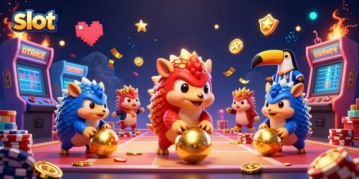 Slot yang seru menampilkan dua pangolin bertanding di kasino dengan uang dan chip poker.