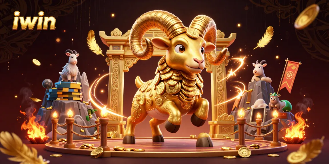 iwin captures the excitement of gaming with a dynamic scene featuring a golden ram charging through a casino.