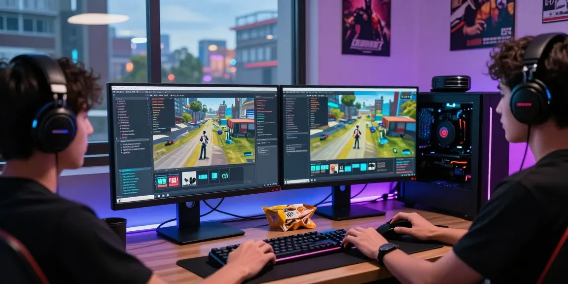 Engaged gamer configuring FiveM ESX Scripts in a modern gaming setup with dual monitors and ambient lighting.