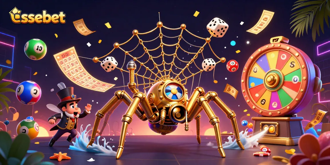 Experience the thrill of essebet with vibrant lottery elements and a dynamic steampunk spider web.