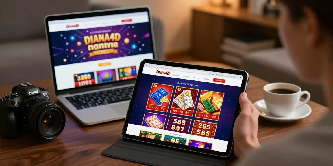 Pengguna Diana4D berinteraksi dengan platform togel online di tablet, suasana nyaman dengan kopi di meja.