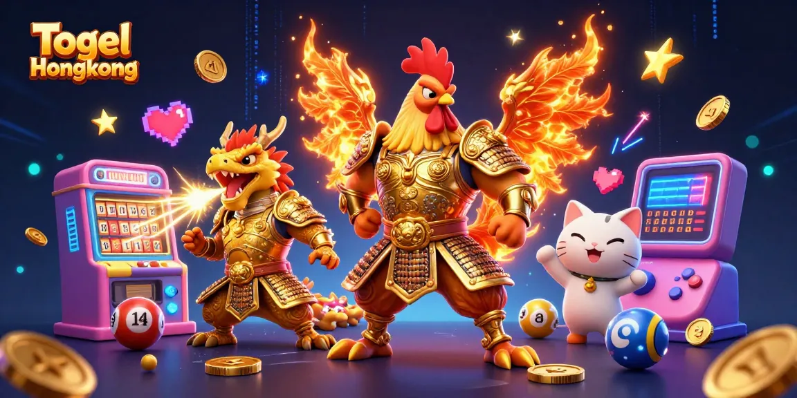 Engage with Togel Hongkong through this vibrant 3D illustration of warriors and lottery elements.