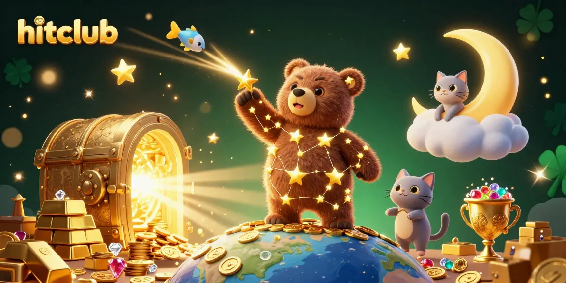 Hitclub captures the thrill of winning with golden coins, treasures, and vibrant 3D characters in an enchanting casino scene.