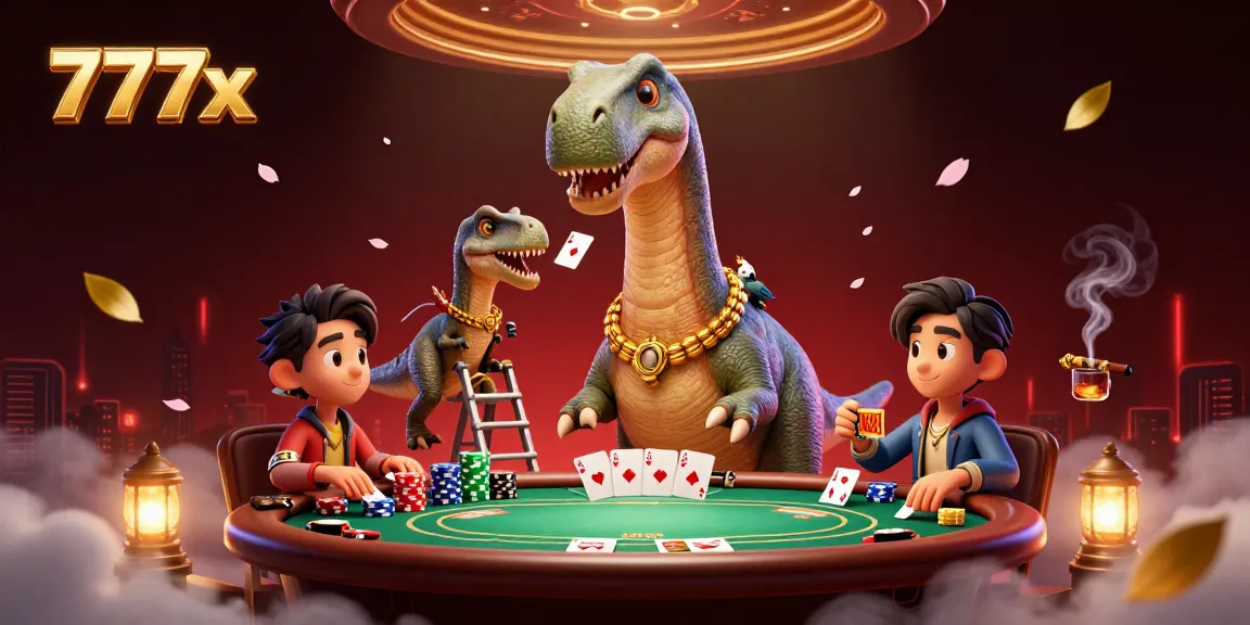 Engage with 777x at a whimsical casino featuring a giant brontosaurus and clever card-dealing raptor.
