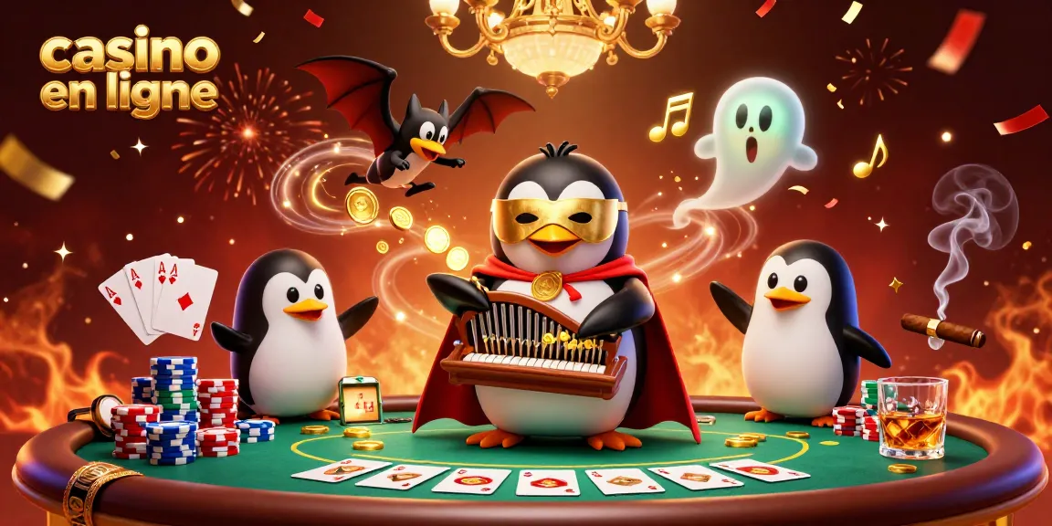 Jouez au casino en ligne avec l'illustration animée d'un pingouin fantôme et une ambiance festive.