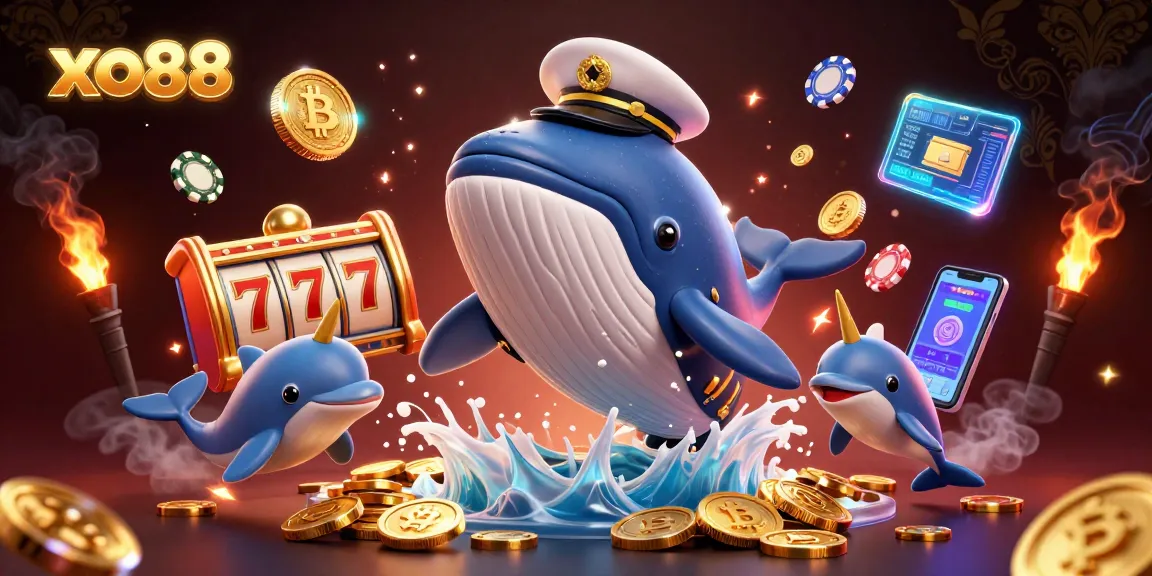 Experience thrilling gameplay at xo88 with vibrant cartoon elements featuring whales, coins, and poker chips.