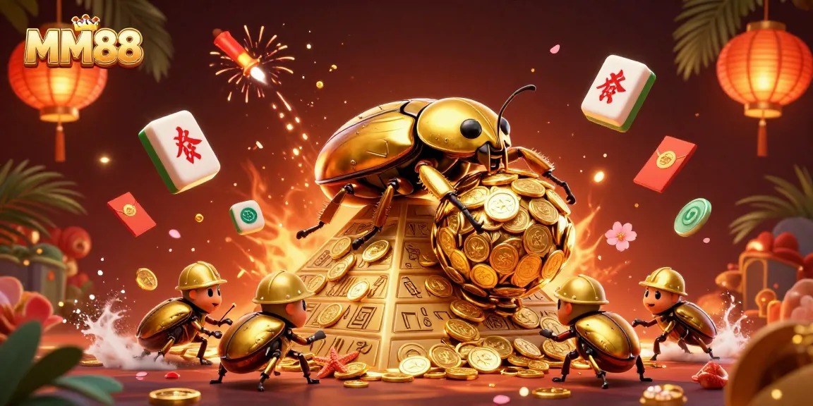 Engage with MM88's vibrant gaming world featuring an iconic golden beetle and casino elements.