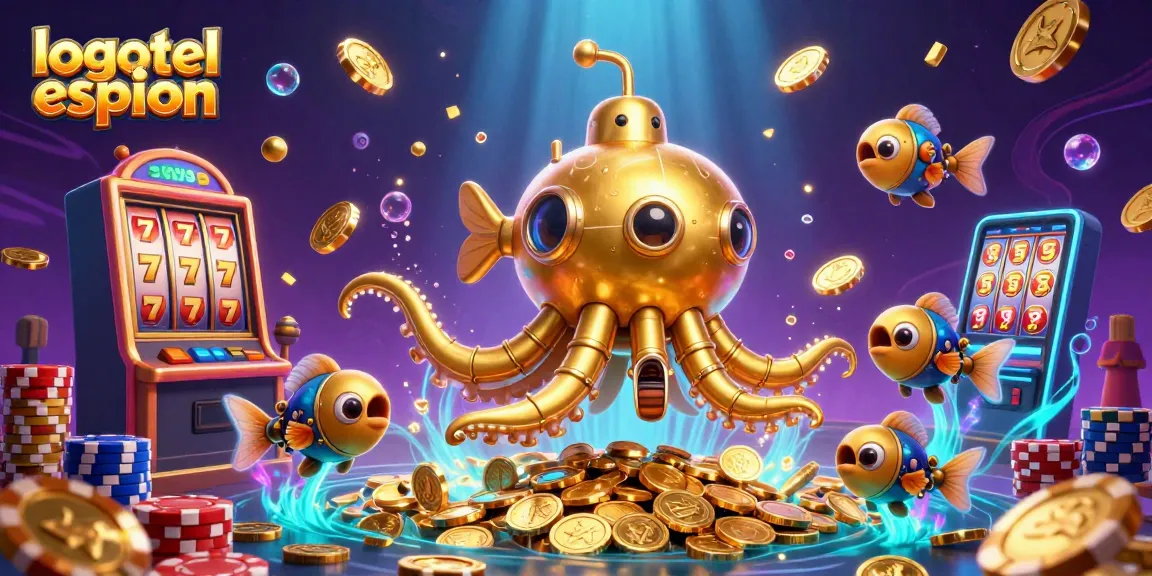 Logiciel espion représentant un Kraken d'or et une machine à sous au milieu des pièces d'or et des jetons colorés.