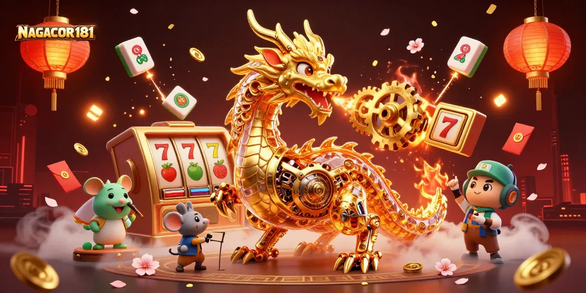 NAGACOR181 promotes dynamic slot play with golden dragon, reels, and vibrant gaming elements.