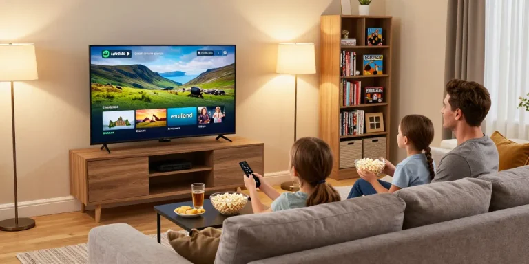 Family enjoying IPTV Ireland streaming in a cozy living room with snacks.