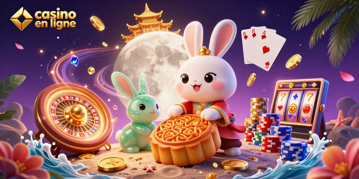 Le casino en ligne présente un lapin de la lune jouant avec des jetons de poker et des pièces dorées.