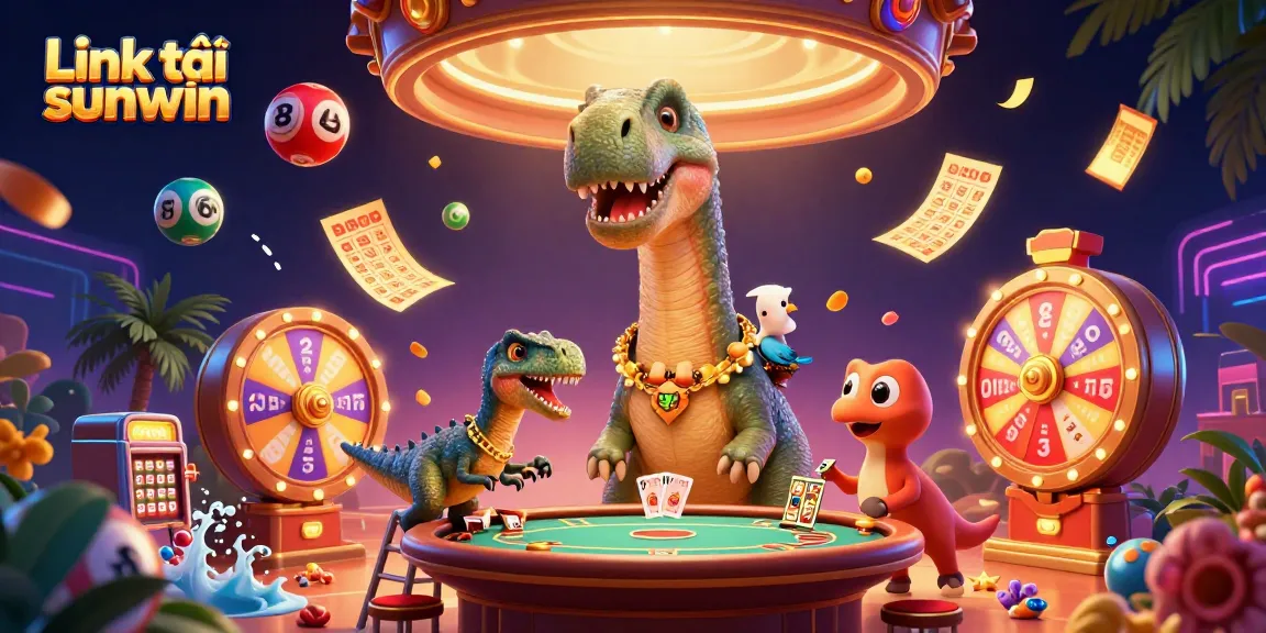 Engage with Link tải sunwin in this vibrant casino scene featuring colorful lottery elements and playful characters.