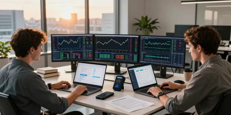 Cricbet trading workspace with professionals analyzing cryptocurrency on multiple monitors, blockchain charts, and DeFi platforms.