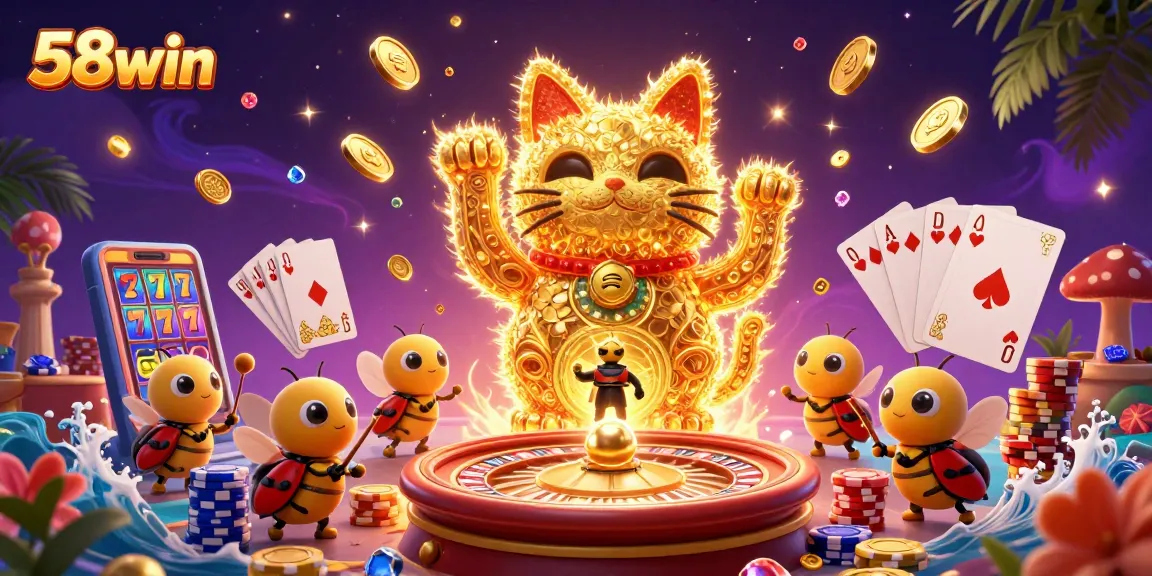 Engage with exhilarating gaming at 58win with our lucky cat mascot surrounded by casino elements.