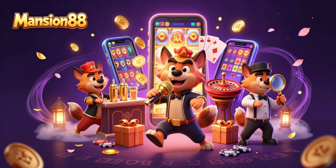 Mansion88 delights players in a vibrant, animated 3D casino scene filled with games and lively characters