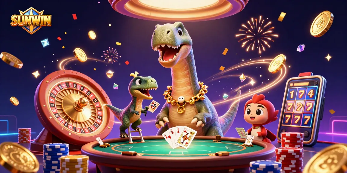 SUNWIN players celebrating big wins at a vibrant casino scene with cascading gold coins and festive energy.