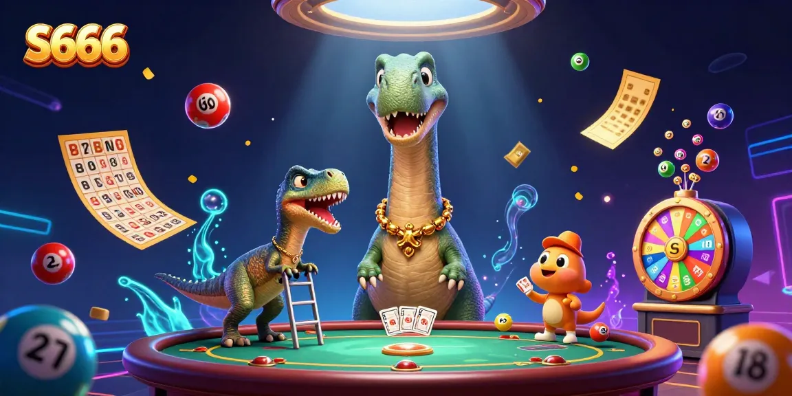 Experience the excitement of S666 with a lively casino scene featuring a giant brontosaurus and a raptor dealer.