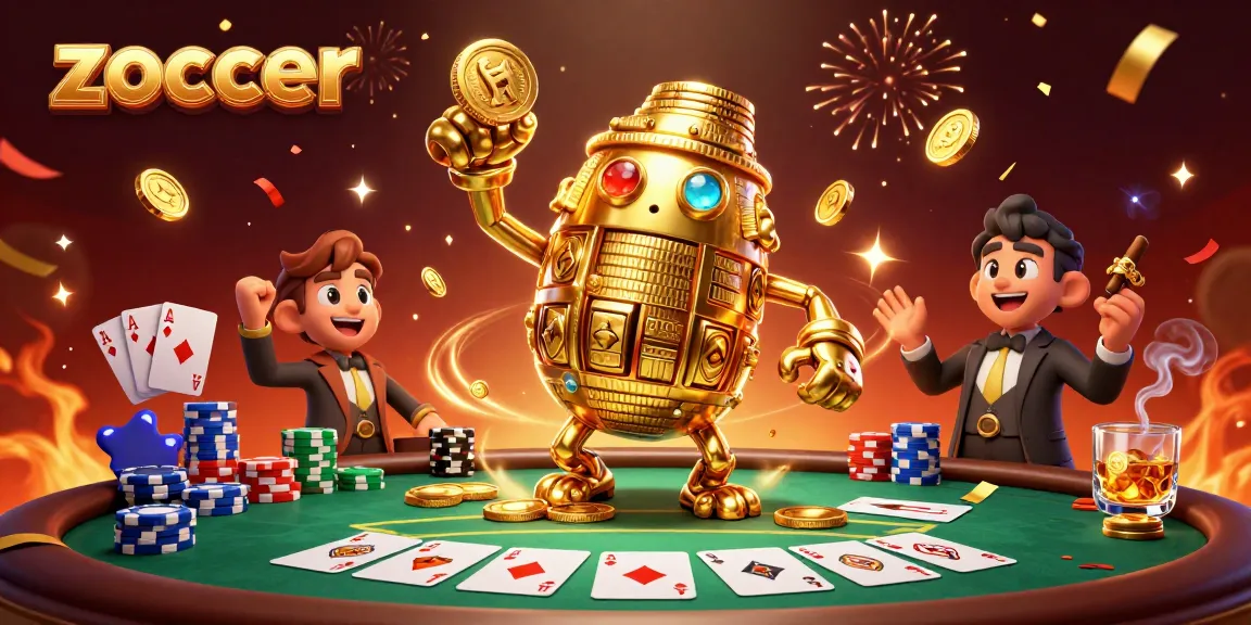 Zoccer showcases vibrant casino action with a cartoon golem and poker scene, igniting excitement