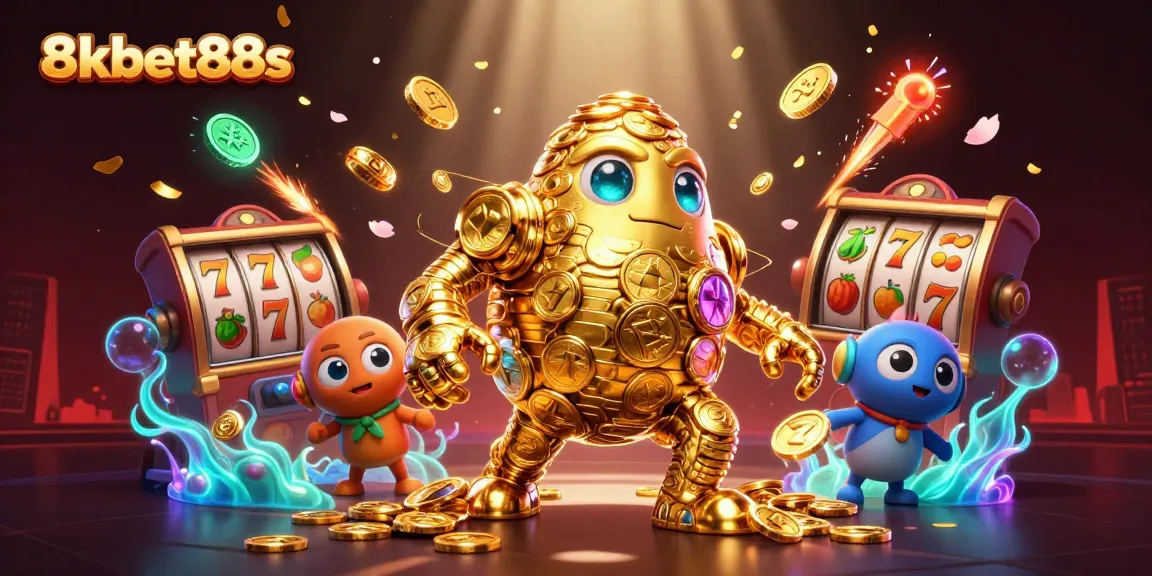 Experience the thrill of 8kbet88s with a vibrant, animated slots scene showing gold coins and festive elements.