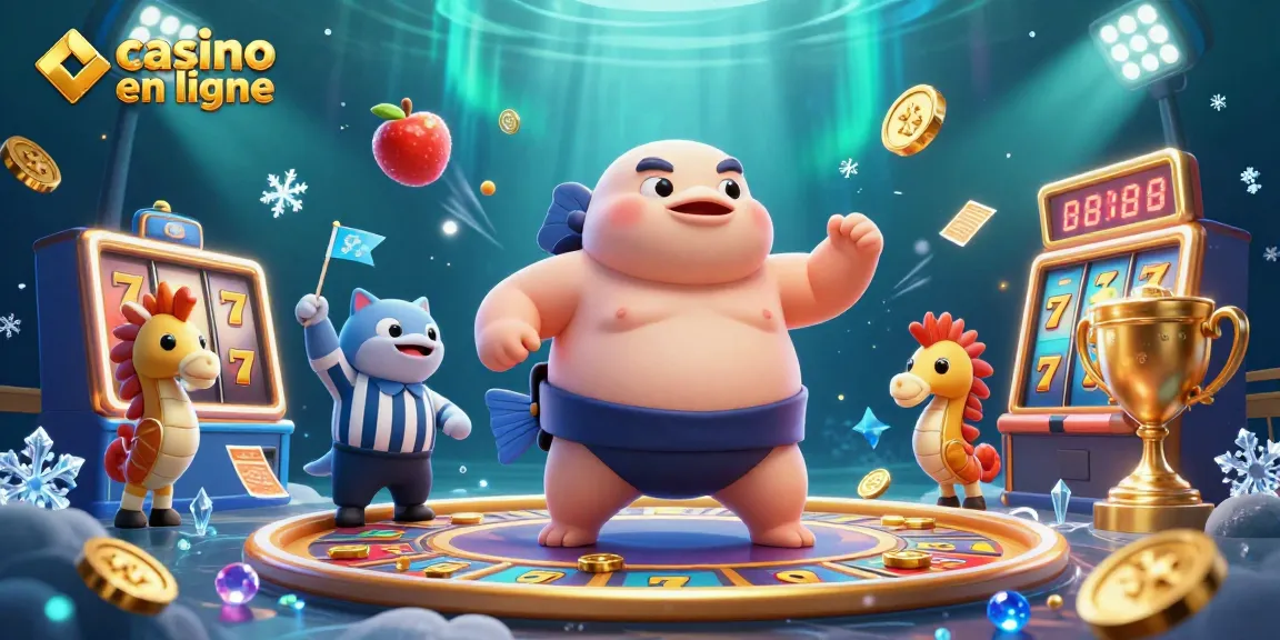 Illustration dynamique de casino en ligne avec poisson globe et éléments de jeux, ambiance festive sous-marine.