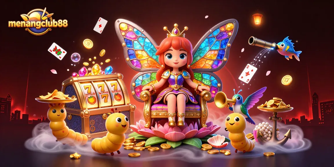Experience fun and excitement at menangclub88, where 3D characters mingle amid vibrant casino elements.