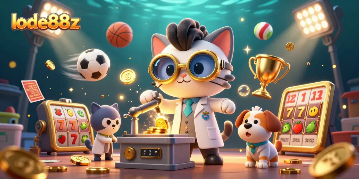 Lode88z showcases a dynamic 3D scene of a mad scientist cat and dog with gold coins, sports elements, and casino slots