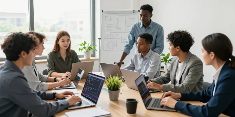 Team collaborating on bdtjl software solutions in a modern office