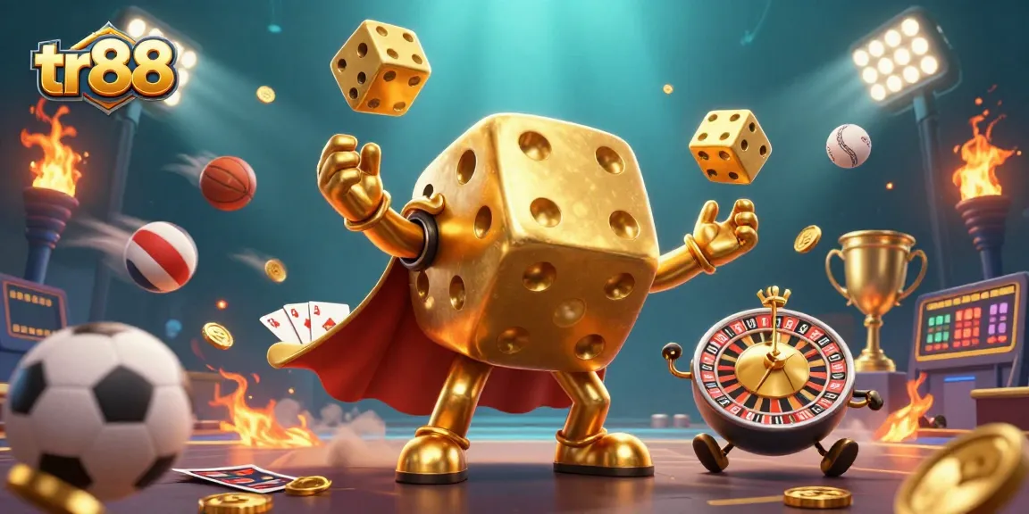 Experience thrilling gameplay with tr88 as a golden dice golem juggles dice and sports elements in a vibrant illustration.