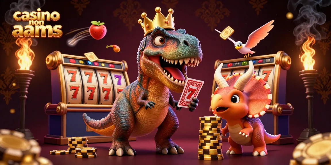 Giocatori coinvolti ai casinò non AAMS con un T-Rex che gioca a carte e un triceratopo che impila fiches d'oro.