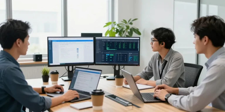 Remote IT support for small business team discussing technology solutions in a modern office.