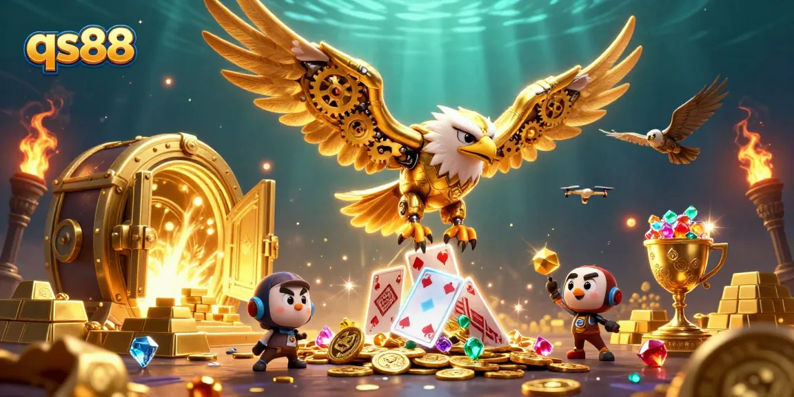 Experience the thrilling energy of qs88 with a golden eagle diving through holographic playing cards.