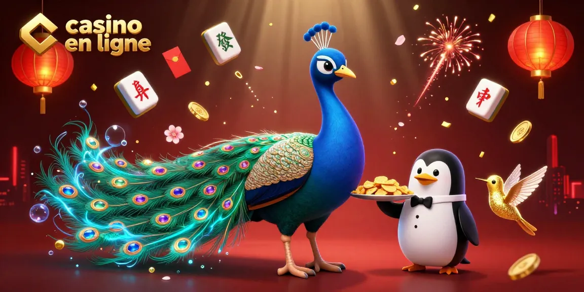 Casino en ligne : Illustration dynamique avec un paon aristocratique et un pingouin majordome.