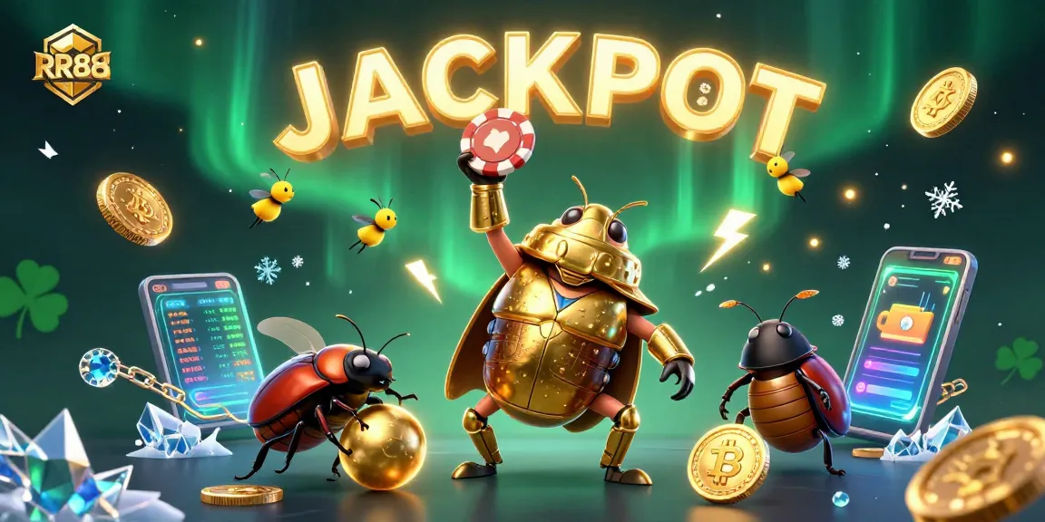 RR88 offers an exciting jackpot experience with a victorious hercules beetle lifting a poker chip.
