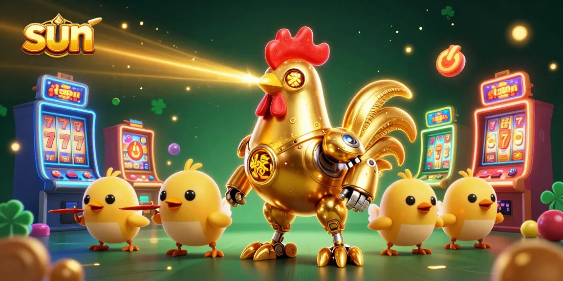 Experience winning at the sun-themed online casino with this vibrant 3D illustration featuring colorful slot machines and engaging characters.