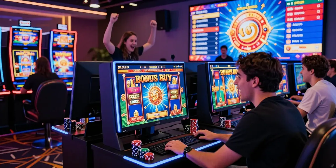 Excited player enjoying Bonus Buy Slots from https://aboutderbyshire.co.uk in a lively virtual casino setting.