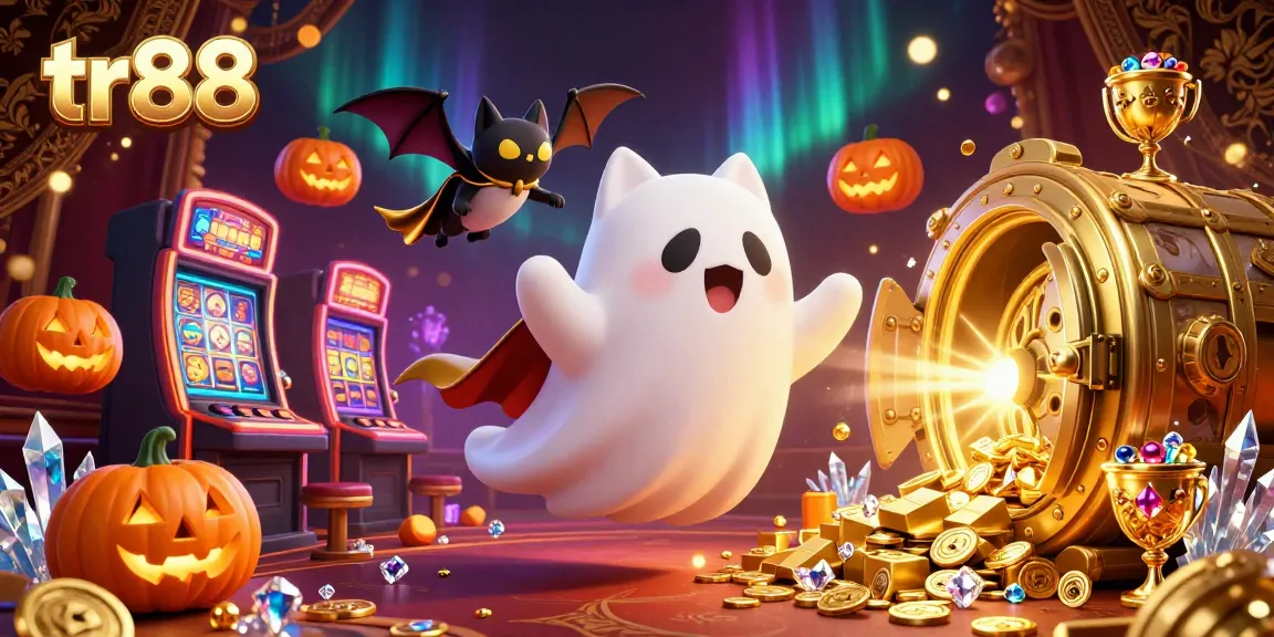 Experience thrilling wins with tr88 in a vibrant casino scene featuring a ghost cat and treasure.