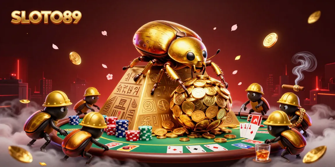 Engage in thrilling gameplay on SLOTO89 with a vibrant scene of golden beetles, poker elements, and casino excitement.
