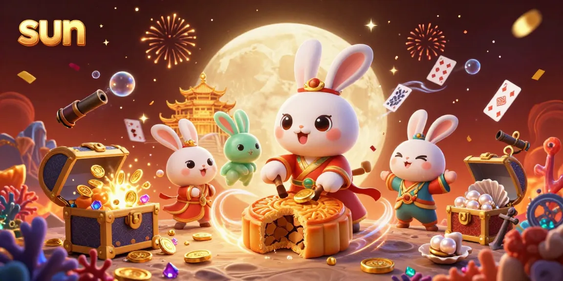 Sun-themed casino illustration with a moon rabbit and poker elements in a vibrant, celebratory scene.