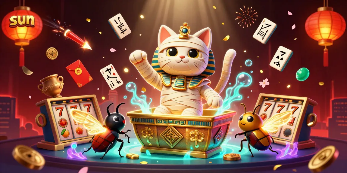 Experience thrilling wins at the Sun casino with a magical mummy cat emerging from a golden sarcophagus.