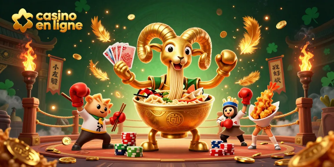 Casino en ligne : Illustration dynamique avec un bol de ramen doré, action au casino.