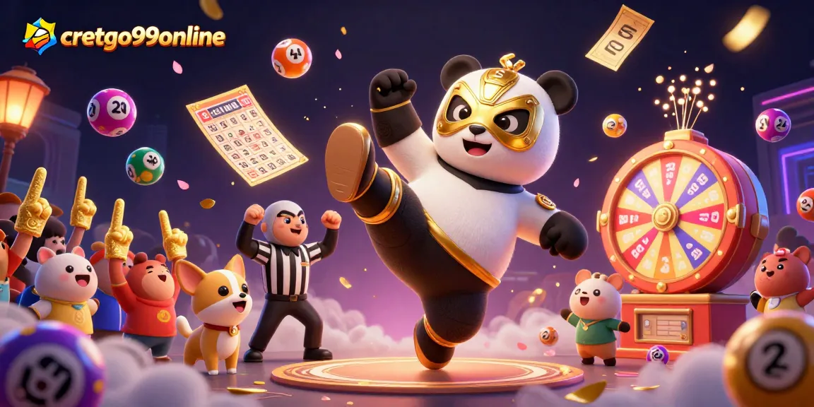 Cretgo99online brings excitement with a wrestling panda amid lively casino elements.