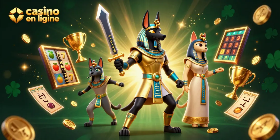 Casino en ligne avec Anubis et Bastet entourés d'éléments de jeu animés