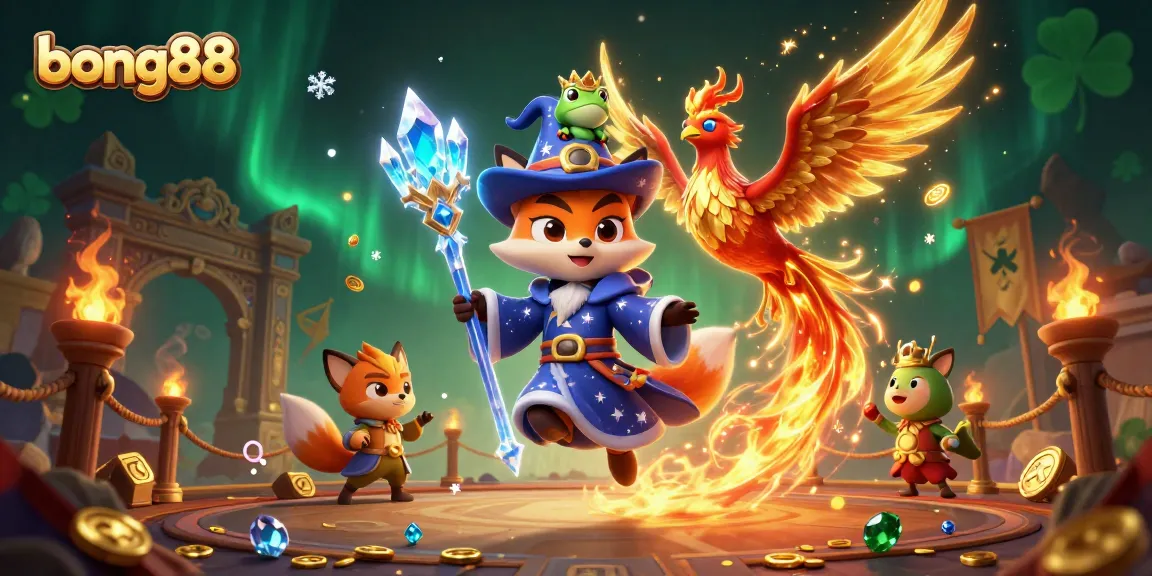 Play with bong88 at this dynamic fantasy casino scene featuring a wizard fox and phoenix.