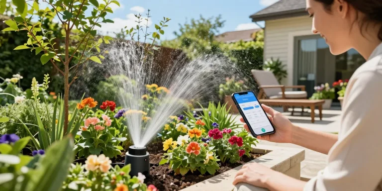 Smart sprinkler watering a colorful garden while a homeowner controls it via smartphone, showcasing modern irrigation.